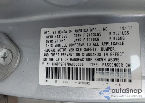 2011 Honda Accord 2.4 Ex-L z USA, uszkodzony, nr VIN 1HGCP2F87BA033335